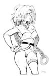  1girl aisha_clanclan bare_shoulders bell bell_collar belt blush bramblefix breasts bustier circlet cleavage collar commentary cropped_legs english_commentary fang hands_on_hips highres jingle_bell long_braid long_hair looking_at_viewer medium_breasts monochrome outlaw_star panties pantyshot pantyshot_(standing) pointy_ears scrunchie shrug_(clothing) sideways_mouth signature slit_pupils solo standing thigh_strap thighs underwear very_long_hair wrist_scrunchie 