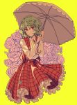  1girl ascot closed_mouth collared_shirt dress_shirt eyebrows_visible_through_hair flower frilled_skirt frills green_hair highres holding holding_umbrella kazami_yuuka long_sleeves looking_at_viewer no_legs open_clothes open_vest parasol plaid plaid_skirt plaid_vest puffy_long_sleeves puffy_sleeves red_eyes red_skirt red_vest rose shirt short_hair skirt skirt_set smile solo touhou umbrella uranaishi_(miraura) vest wavy_hair white_shirt wing_collar yellow_background yellow_neckwear 