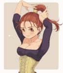  1girl alternate_hairstyle blush breasts brown_eyes brown_hair cleavage closed_mouth commentary_request corset dragon_quest dragon_quest_viii earrings jessica_albert jewelry long_hair looking_at_viewer medium_breasts miyama_(kannsannn) red_skirt skirt solo 