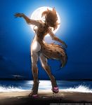 2019 4_toes alternate_version_at_source anthro barefoot beach breasts butt canid canine casual_nudity conditional_dnp dancing dark digitigrade english_text feet felid feline female fur hair hi_res hybrid kathrin_vaughan keidran lighthouse mammal moon night nude pawpads paws rear_view sea seaside side_boob sky smile soles solo spots spotted_fur spread_arms star text toes tom_fischbach twokinds water webcomic 