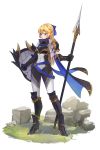  armored_boots asymmetrical_gloves blonde_hair blue_eyes bodysuit boots breastplate commentary_request elf expressionless full_body gauntlets gloves grass hair_ribbon high_heels highres knight left-handed long_hair original pointy_ears polearm ribbon rock scarf shield shoulder_armor solo spear virgosdf weapon white_background 