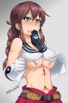  1girl absurdres akito_(sub707) bangs belt blush body_writing braid breasts brown_hair cleavage gloves green_eyes grey_background highres kantai_collection long_hair navel necktie necktie_in_mouth noshiro_(kantai_collection) open_clothes open_shirt opened_by_self pleated_skirt red_skirt school_uniform serafuku simple_background skirt solo swept_bangs twin_braids twitter_username underboob upper_body white_gloves 