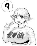  1girl :3 ? braid breasts eating elf elf-san_wa_yaserarenai. erufuda-san eyebrows_visible_through_hair fang food food_on_face french_braid french_fries greyscale highres large_breasts looking_at_viewer monochrome open_mouth pointy_ears shirt solo spoken_question_mark synecdoche t-shirt translated upper_body 