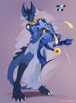  &lt;3 2_toes 4_toes amphibian blue_eyes blue_scales blue_skin blush bracelet claws clothing conditional_dnp digitigrade dragon duo fibh gold_(metal) hi_res jewelry loincloth love male necklace patreon scales scappo smile standing toe_claws toes 