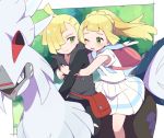  1boy 1girl backpack bag blonde_hair brother_and_sister closed_mouth gen_7_pokemon gladio_(pokemon) green_eyes hair_over_one_eye lillie_(pokemon) long_hair long_sleeves moyori one_eye_closed open_mouth pants pokemon pokemon_(creature) pokemon_(game) pokemon_sm ponytail riding_pokemon shirt short_hair short_sleeves siblings silvally skirt smile torn_clothes torn_pants white_shirt white_skirt 