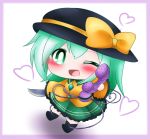  1girl ;d ankle_boots black_footwear black_headwear blouse blush boots border bright_pupils chibi commentary eyebrows_visible_through_hair frilled_sleeves frills green_eyes green_hair green_skirt hair_between_eyes hat hat_ribbon heart heart_of_string holding holding_knife holding_phone knife komeiji_koishi looking_at_viewer one_eye_closed open_mouth phone purple_border ribbon shadow short_hair simple_background skirt sleeves_past_fingers sleeves_past_wrists smile solo standing third_eye touhou white_background white_pupils yairenko yellow_blouse 