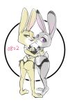  anthro blue_eyes bow_tie bra breast_squish breasts breasts_frottage clothing collar dipstick_ears disney duo female fur hug judy_hopps lagomorph leporid looking_at_viewer low_res mammal miroukitsu mitsuharu multicolored_ears multicolored_fur open_mouth open_smile panties purple_eyes rabbit shirt_collar shirt_cuffs simple_background smile squish standing two_tone_fur underwear white_background zootopia 