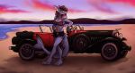  anthro beach bikini breasts brown_hair car classic_car clothed clothing digital_media_(artwork) feet female fish green_eyes hair half-closed_eyes mammal marine navel nicnak044 pink_hair pose seaside shark smile solo standing sunset swimwear toes vehicle water 