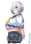  1girl arms_behind_back black_legwear blue_eyes breasts cowboy_shot ebifurya from_side gloves groin hair_ornament hair_over_one_eye hairclip hamakaze_(kantai_collection) highres kantai_collection large_breasts lips looking_at_viewer pantyhose parted_lips pleated_skirt school_uniform serafuku short_hair short_sleeves silver_hair skirt solo twitter_username white_background white_gloves yellow_neckwear 