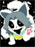  anthro beady_eyes black_nose bottomless canid canine canis clothed clothing domestic_cat domestic_dog felid feline felis female fur grey_hair hair hi_res jyto mammal temmie_(undertale) undertale video_games 
