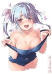  1girl blue_hair blush breasts cherry_blossoms covered_navel ebifurya eyebrows_visible_through_hair flower-shaped_pupils gradient_ribbon hair_ornament hair_ribbon highres i-19_(kantai_collection) kantai_collection large_breasts long_hair looking_at_viewer one-piece_swimsuit open_mouth red_eyes ribbon school_swimsuit simple_background smile solo swimsuit symbol-shaped_pupils twintails twitter_username white_background 
