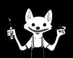 2019 5:4 ambiguous_gender anthro black_and_white black_background black_eyes canid canine cheek_tuft claws clothed clothing creepy disney elbow_tufts fox fuel_(artist) holding_object mammal monochrome overalls screwdriver sharp_teeth simple_background skye_(zootopia) smile solo teeth tools tuft zootopia 