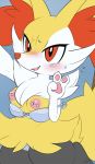  blush bodily_fluids braixen breasts female fluffy fluffy_tail fur hi_res inner_ear_fluff looking_at_viewer nintendo nipple_piercing nipples pawpads peace_sign_(disambiguation) piercing pink_pawpads pok&eacute;mon pok&eacute;mon_(species) red_eyes red_fur red_nose slimefur snout solo sweat tongue video_games white_fur yellow_fur 
