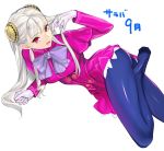  1girl ass bangs blue_legwear breasts capcom_fighting_jam dress gloves hair_ornament highres ingrid long_hair looking_at_viewer lying on_side open_mouth pantyhose purple_eyes silver_hair simple_background solo tetsu_(kimuchi) white_background white_gloves 