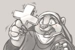  2018 4_fingers ambiguous_gender anthro blush carrot_(artist) claws clothed clothing cross fangs fingers fur grey_background greyscale hi_res holding_object looking_at_viewer mammal monochrome nun open_mouth reaction_image scared shaking simple_background solo teeth trembling ursid 