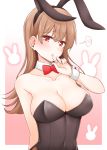  1girl animal_ears bangs bare_shoulders black_leotard blush bow bowtie breasts brown_hair bunny bunny_ears bunny_girl bunnysuit cleavage collarbone commentary eyebrows_visible_through_hair fake_animal_ears fishnets hair_between_eyes hair_ornament heart jewelry kantai_collection large_breasts leotard long_hair ooi_(kantai_collection) open_mouth red_neckwear ring rui_shi_(rayze_ray) solo spoken_blush upper_body wrist_cuffs 