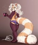  2019 ailurid anthro blonde_hair breasts catnamedfish clothed clothing cup female freckles hair hi_res looking_at_viewer looking_back mammal panties rear_view red_panda solo tongue tongue_out topless underwear 