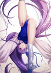  1girl blue_eyes blue_ribbon blue_swimsuit covered_navel eyebrows_visible_through_hair fate/grand_order fate_(series) gradient gradient_background greaves hair_ribbon highleg highleg_swimsuit highres long_hair meltryllis meltryllis_(swimsuit_lancer)_(fate) one-piece_swimsuit purple_hair ribbon sleeves_past_fingers sleeves_past_wrists solo split standing standing_on_one_leg standing_split strapless strapless_swimsuit swimsuit tawagoto_dukai_no_deshi very_long_hair white_background 