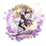  1boy asymmetrical_legwear boots chair clothing_request dancing dragalia_lost flower full_body hair_ornament hair_over_one_eye looking_at_viewer non-web_source official_art parted_lips petals purple_hair saitou_naoki short_hair smile smug thigh_boots thighhighs transparent_background yellow_eyes zardin_(dragalia_lost) 