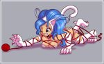  2019 4_toes 5_fingers animal_humanoid blue_eyes blue_hair bound breasts capcom caramel-kitteh cat_humanoid claws darkstalkers felicia_(darkstalkers) felid felid_humanoid feline feline_humanoid female fingers hair humanoid mammal mammal_humanoid one_eye_closed pink_claws reaching solo toe_claws toes video_games yarn 