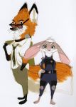  anthro canid canine clothed clothing dipstick_ears disney duo eyewear female fox glasses head_tuft judy_hopps lagomorph leporid male mammal multicolored_ears necktie nick_orsi nick_wilde official_art police_uniform rabbit shock_collar standing uniform whiskers zootopia 