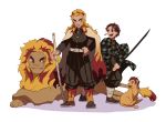  absurd_res alternate_species belt blonde_hair blonde_mane brown_hair cloak clothing cub demon_slayer disney ear_piercing ear_ring felid footwear fur hair hi_res human katana kyojuro_rengoku lion male mammal mane melee_weapon pantherine piercing red_hair red_mane sandals sword tan_fur tanjiro_kamado the_lion_king uniform weapon yomf9843 young 