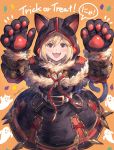  1girl :3 :d animal_ears arms_up bangs black_capelet black_dress black_gloves blonde_hair brown_eyes capelet cat_ears cat_girl cat_tail commentary_request djeeta_(granblue_fantasy) dress eyebrows_visible_through_hair fangs fur-trimmed_gloves fur_trim ghost gloves granblue_fantasy hair_between_eyes highres hood hood_up hooded_capelet long_sleeves milli_little open_mouth orange_background paw_gloves paws smile solo tail trick_or_treat twitter_username v-shaped_eyebrows 