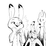  1:1 ? anthro arctic_fox black_and_white buckteeth canid canine clothed clothing dipstick_ears disney female fox group jack_savage judy_hopps lagomorph leporid male mammal monochrome multicolored_ears open_mouth rabbit replytoanons simple_background skye_(zootopia) standing surprise teeth white_background zootopia 