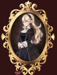  1girl absurdres black_dress breasts corrin_(fire_emblem) corrin_(fire_emblem)_(female) cowboy_shot dress english_commentary fire_emblem fire_emblem_fates hair_between_eyes hair_ornament hairband highres huge_filesize long_hair manakete pointy_ears portrait_(object) red_eyes sarukaiwolf silver_hair simple_background solo 
