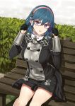  1girl bangs bench black_gloves black_jacket black_skirt blue_eyes blue_hair blush breasts brown_hairband byleth_(fire_emblem) byleth_(fire_emblem)_(female) commentary_request eyebrows_visible_through_hair fire_emblem fire_emblem:_three_houses glasses gloves hair_between_eyes hairband half_gloves hands_up highres jacket kneehighs long_hair long_sleeves looking_at_viewer medium_breasts open_mouth park_bench red-framed_eyewear sitting sitting_on_bench skirt solo white_legwear yappen 