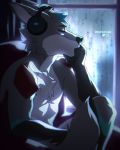  2019 anthro canid canine canis digital_media_(artwork) eyebrows eyelashes fur grey_fur headphones lukiri male mammal nude sitting solo wolf 