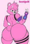 anthro berettiger26 big_breasts big_butt breasts butt cuddle_team_leader epic_games female fortnite fur gesture hi_res huge_butt looking_back mammal pink_fur simple_background smile solo standing teeth thick_thighs ursid v_sign video_games wide_hips 