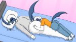  2019 absol anthro bed big_butt black_nose blush bottomwear brother brother_and_sister butt butt_sniffing butt_squish clothing eyes_closed fangs feet female fur horn lilwuffler_(artist) lima_the_absol male nintendo orange_clothing orange_shirt orange_topwear pants pok&eacute;mon pok&eacute;mon_(species) shirt sibling simple_background sister size_difference sleeping smile sniffing squish sweater topwear tuft video_games white_fur zachary_the_absol 