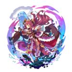  1girl bare_shoulders black_gloves breasts cleavage dragalia_lost dragon_girl dragon_tail fang full_body fur_trim gloves hair_between_eyes heart holding holding_weapon horns large_breasts leaning_forward long_hair looking_at_viewer mym_(dragalia_lost) non-web_source official_art polearm red_hair saitou_naoki short_sleeves smile solo spear tail thighhighs tiara transparent_background weapon yellow_eyes 