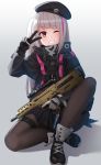  1girl bangs beret black_legwear commentary eyebrows_visible_through_hair girls_frontline gloves grey_hair gun hat highres holding holding_gun holding_weapon kurisu-kun long_hair looking_at_viewer mdr_(girls_frontline) multicolored_hair one_eye_closed one_side_up pantyhose pink_eyes side_ponytail solo streaked_hair tactical_clothes weapon 