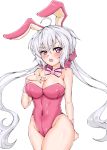  1girl ahoge animal_ears blush breasts bunny_ears bunnysuit cleavage covered_navel fake_animal_ears freedom highleg highleg_leotard highres large_breasts leotard long_hair looking_at_viewer low_twintails pink_leotard purple_eyes scrunchie senki_zesshou_symphogear shiny shiny_hair shiny_skin silver_hair simple_background solo standing strapless strapless_leotard sweat twintails white_background wrist_cuffs yukine_chris 
