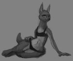  avo_(weaver) bikini canid canine canis clothing disney female flakjackal greyscale hand_on_hip jackal mammal monochrome pack_street prick_ears simple_background sitting solo swimwear zootopia 