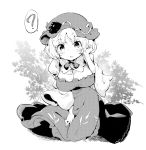  1girl ? aki_minoriko blush bow breasts buttons commentary dress food frills fruit grapes greyscale hat hat_ornament kneeling large_breasts leaf leaf_background mob_cap monochrome open_mouth short_hair solo spoken_question_mark tanasuke touhou wheat white_background wide_sleeves 