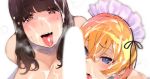  1boy 2girls bangs black_hair blonde_hair blue_eyes blunt_bangs blurry blush braid breasts breath brown_eyes censored collarbone cum cum_in_mouth cum_on_body cum_on_breasts cum_on_hair cum_on_tongue cum_on_upper_body cum_string depth_of_field embarrassed erection eyebrows_visible_through_hair facial from_above group_sex hair_between_eyes hair_ornament hair_over_shoulder half-closed_eyes heart heart_hair_ornament heavy_breathing hetero iku_(ikuchan_kaoru) invisible_penis large_breasts long_hair looking_at_viewer maid_headdress multiple_girls open_mouth original out_of_frame penis portrait pov raised_eyebrows shiny shiny_hair sidelocks simple_background threesome tongue tongue_out upper_teeth white_background 