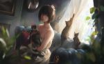  1girl bare_shoulders blurry_foreground brown_eyes brown_hair cat closed_mouth couch curtains day dress g-tz hair_ornament highres holding indoors jewelry lips looking_at_viewer necklace original painting_(object) short_hair sitting solo white_dress window 