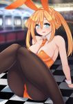 1girl absurdres alternate_costume animal_ears bare_shoulders blue_eyes blush breasts bunny_ears bunnysuit checkered checkered_floor detached_collar dura highres knees_together_feet_apart knees_up leotard long_hair looking_at_viewer medium_breasts necktie neptune_(series) open_mouth orange_hair orange_heart orange_leotard orange_neckwear pantyhose power_symbol shin_jigen_game_neptune_vii solo symbol-shaped_pupils twintails wrist_cuffs 