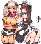  2girls animal_ears animal_print ass bare_shoulders bell bell_collar belt bikini black_gloves blush breasts brown_hair buckle cleavage collar cow_bell cow_ears cow_girl cow_print cow_tail detached_sleeves dress dress_lift elbow_gloves from_side gloves horns huge_breasts long_hair looking_at_viewer looking_back maid maid_headdress matarou_(genkai_toppa) miniskirt multiple_girls original puffy_detached_sleeves puffy_sleeves red_scarf scarf simple_background skindentation skirt solo swimsuit tail thighhighs twintails white_background white_hair yellow_bikini 