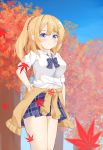 1girl absurdres astoria_(azur_lane) autumn_leaves azur_lane bangs blonde_hair blue_bow blue_eyes blue_skirt blue_sky blurry blurry_background blush bow breasts brown_cardigan cardigan cardigan_around_waist closed_mouth collared_shirt commentary_request day depth_of_field dress_shirt eyebrows_visible_through_hair hair_between_eyes hair_ornament hair_scrunchie hairclip hand_on_hip heart heart_hair_ornament high_ponytail highres leaf long_sleeves maple_leaf medium_breasts outdoors plaid plaid_bow plaid_skirt pleated_skirt ponytail red_scrunchie roido_(taniko-t-1218) scrunchie shirt short_sleeves skirt sky smile solo tree white_shirt 