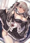  1girl azur_lane bangs bare_shoulders between_breasts black_dress blush breasts cleavage commentary_request cowboy_shot dress dress_lift earrings eyebrows_visible_through_hair flight_deck formidable_(azur_lane) frilled_dress frills grey_hair hair_ribbon highres jewelry large_breasts long_hair long_sleeves looking_at_viewer red_eyes ribbon shiny shiny_skin solo sumisuzu thighhighs twintails two-tone_dress two-tone_ribbon very_long_hair white_legwear 