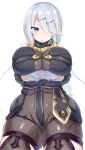  1girl arm_under_breasts atelier_(series) atelier_ryza bangs belt blue_belt blue_eyes blush bodysuit breasts brown_bodysuit cowboy_shot crossed_bangs hair_ornament hair_over_one_eye hairclip highres hooded_vest jakko large_breasts leather_belt lila_decyrus long_hair looking_at_viewer low_twintails open_mouth pale_skin solo twintails 