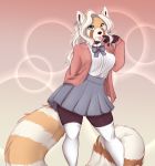  ailurid anthro bottomwear breasts catnamedfish clothed clothing female fur green_eyes hair hi_res legwear mammal orange_fur red_panda skirt solo thigh_highs tongue tongue_out white_hair 