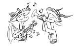  16:10 2019 acoustic_guitar ambiguous_gender antelope anthro black_and_white bovid chico_(fuel) clothed clothing dragon duo eyes_closed facial_markings fuel_(artist) gazelle guitar hat head_markings headgear headwear holding_guitar holding_musical_instrument holding_object holding_trumpet horn malphas_(enginetrap) mammal mariachi markings membrane_(anatomy) membranous_wings monochrome musical_instrument musical_note open_mouth open_smile playing_music simple_background smile sombrero trumpet white_background wings 