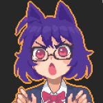 1girl animal_ears black_background blue_hair bow bowtie collared_shirt eyebrows glasses hcnone looking_at_viewer open_mouth original pink_eyes pixel_art red_bow red_neckwear shirt short_hair simple_background skye_(hcnone) solo upper_body white_shirt wolf_ears 