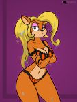  2019 activision alhedgehog angry anthro bandicoot black_nose blonde_hair breasts clothed clothing coco_bandicoot crash_bandicoot_(series) digital_media_(artwork) eyeshadow female food fruit hair halloween holidays looking_at_viewer makeup mammal marsupial plant pumpkin simple_background solo text video_games wet 