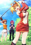  3girls ahoge bare_shoulders black_legwear black_shorts blonde_hair commentary_request day detached_sleeves eyebrows_visible_through_hair fate/grand_order fate_(series) fujimaru_ritsuka_(female) glasses golf golf_club green_eyes hair_ornament highres mash_kyrielight medium_hair multiple_girls nero_claudius_(fate) nero_claudius_(fate)_(all) orange_hair orange_shirt outdoors pantyhose purple_hair red_shirt red_skirt shirt short_hair shorts skirt smile solo_focus sunglasses upper_teeth white_shirt white_skirt xah03172 